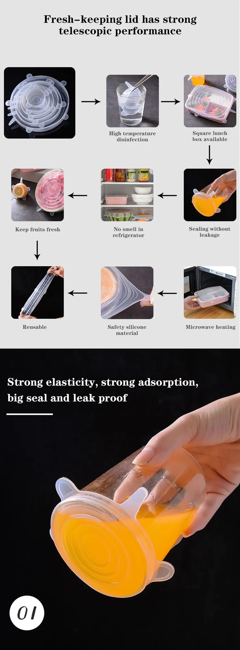 Silicone stretch lids stretched over containers