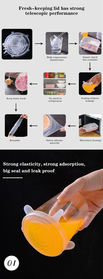 Silicone stretch lids stretched over containers