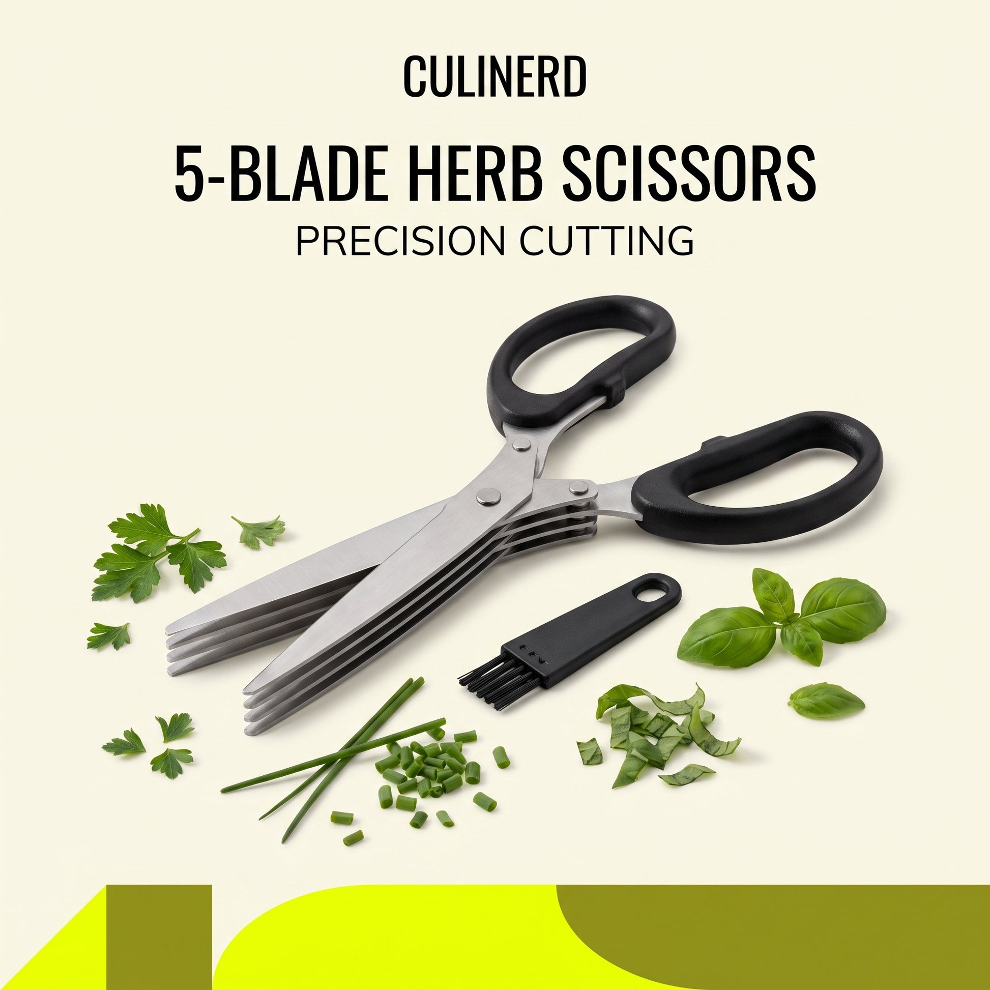 Stainless steel 5-blade herb scissors with cleaning comb and fresh herbs