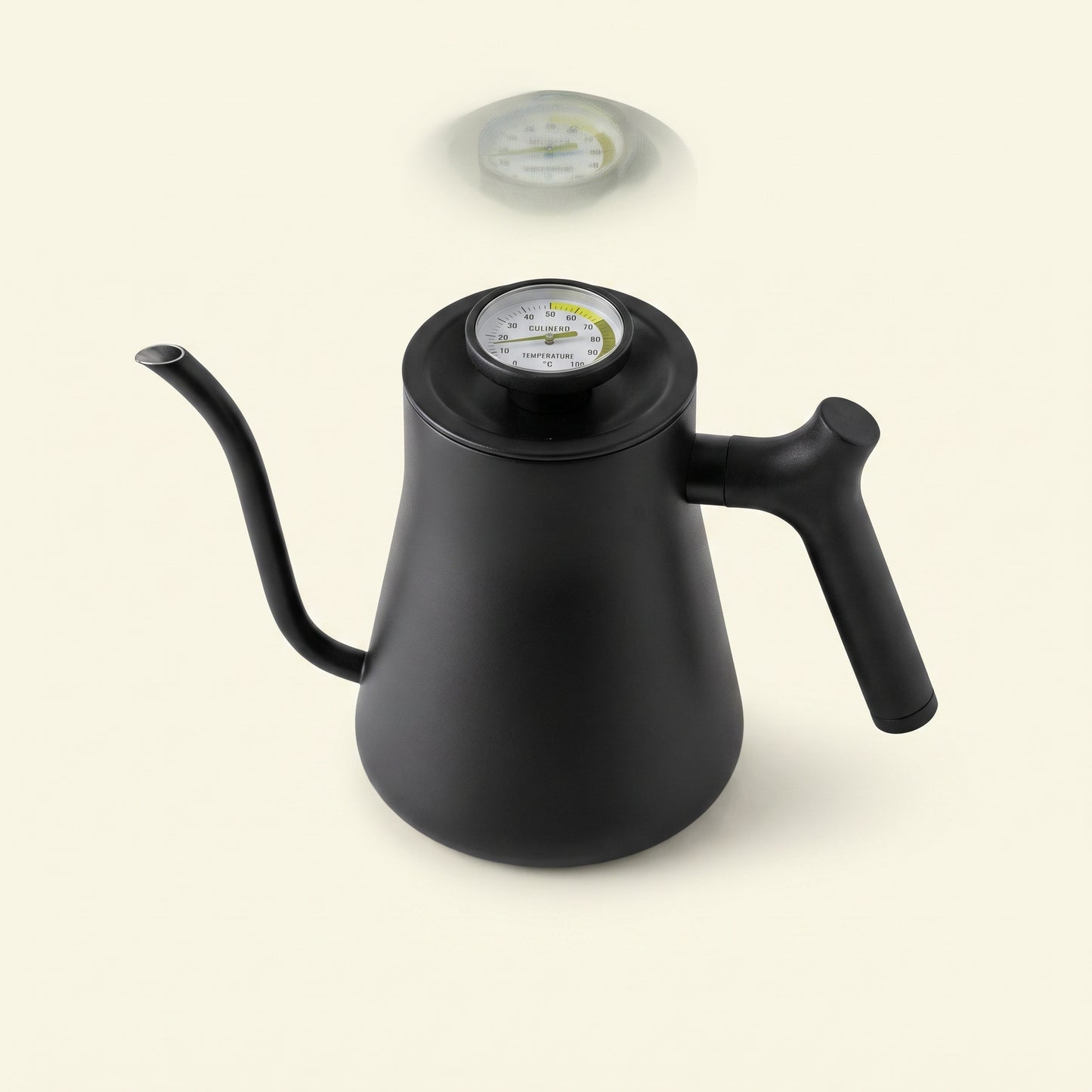 Matte black gooseneck pour-over kettle with built-in lid thermometer