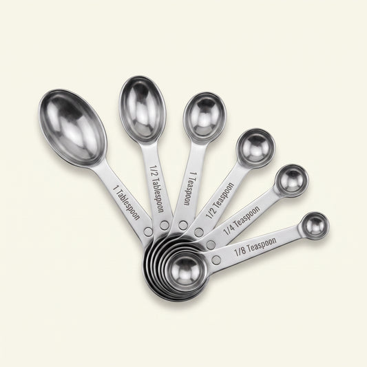 Magnetic dual-sided stainless steel measuring spoon set fanned out