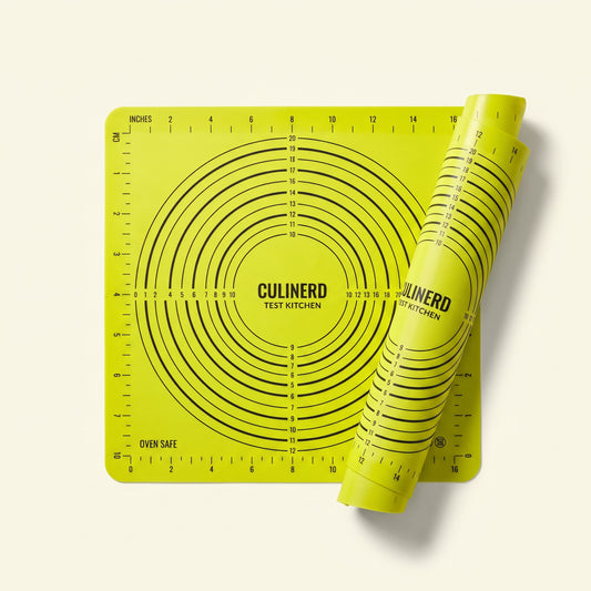 Silicone baking mats with printed measurement grid, one flat and one rolled