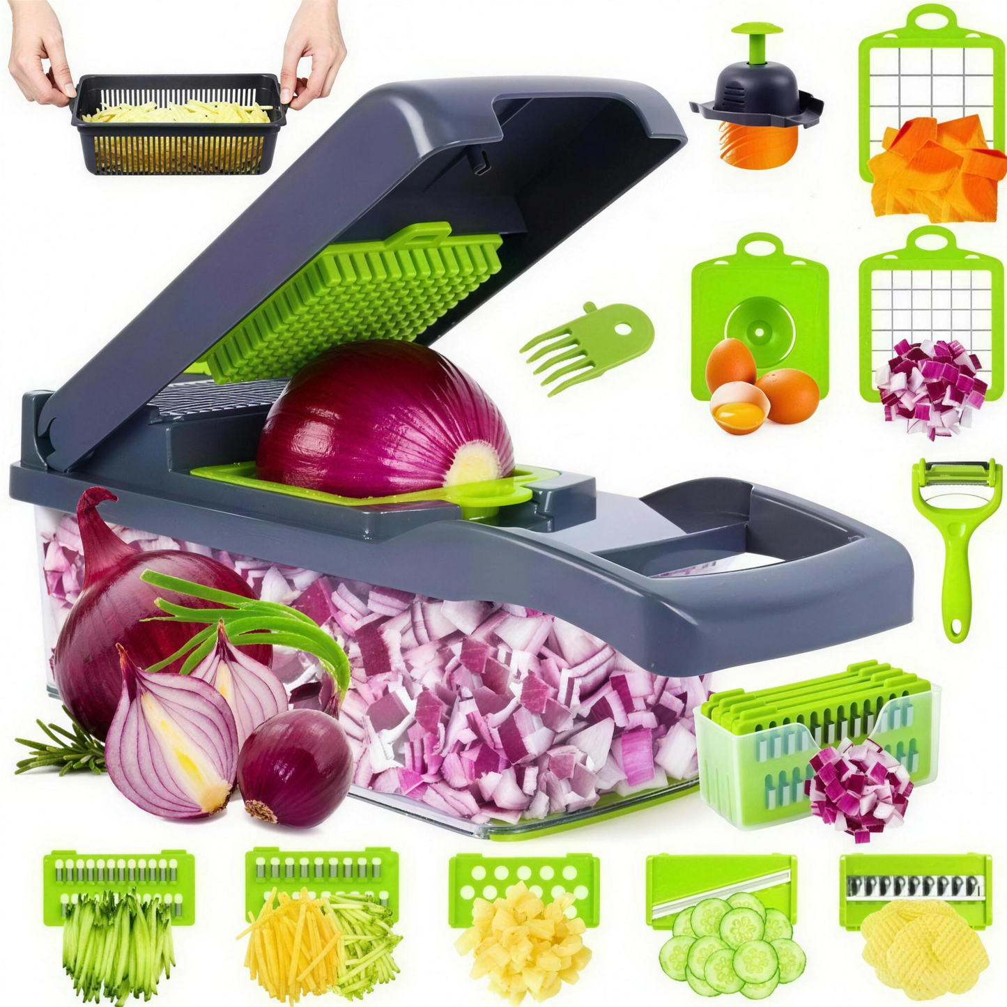 Vegetable chopper dicing a red onion in one press — in action