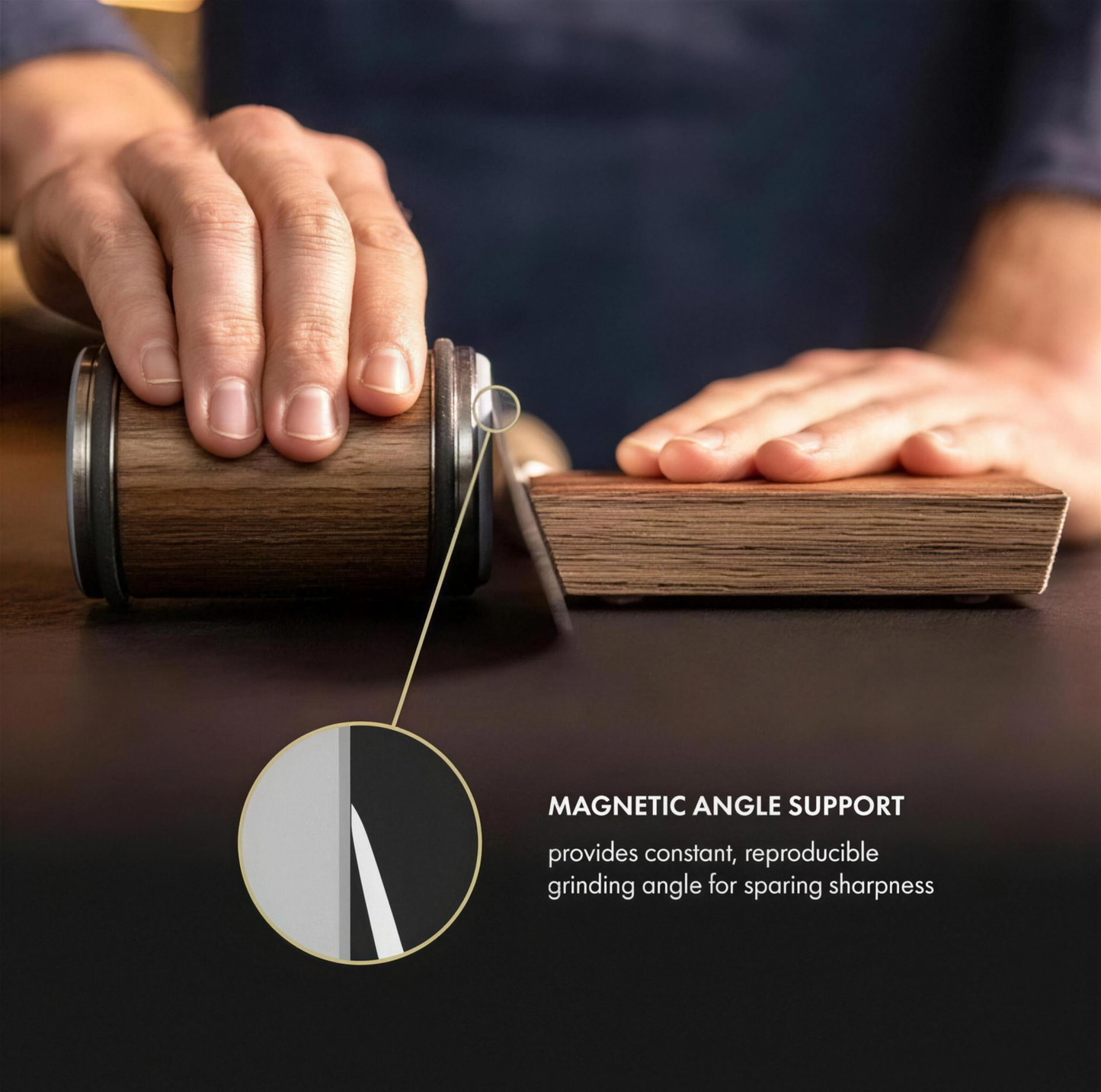 Magnetic angle support holds a constant reproducible sharpening angle