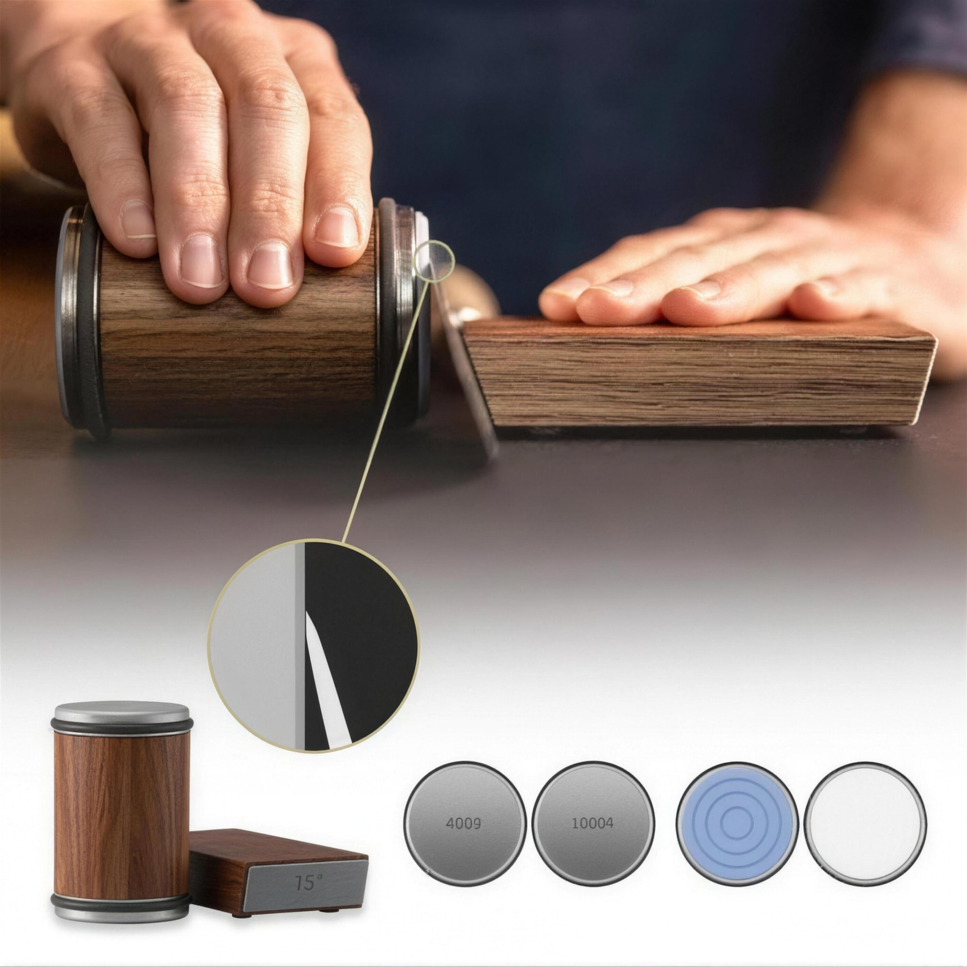 Rolling knife sharpener in use on a kitchen counter — 15 degree magnetic angle guide