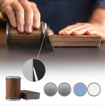 Rolling knife sharpener in use on a kitchen counter — 15 degree magnetic angle guide